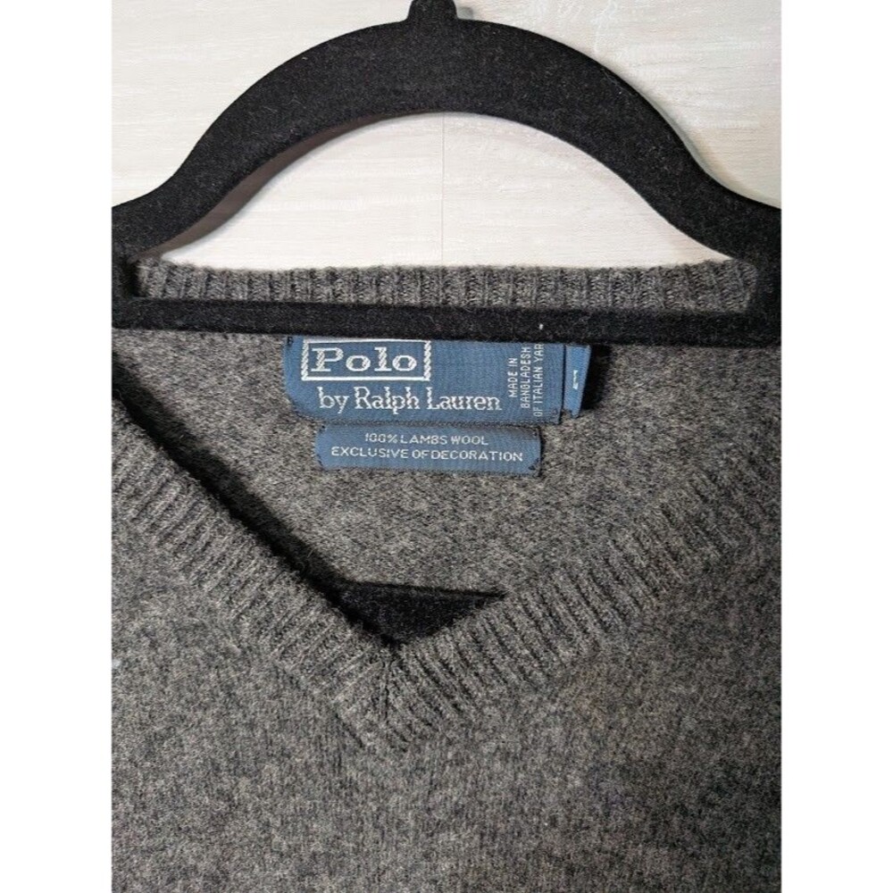VINTAGE 90s Polo Ralph Lauren Lambswool V-Neck Sweater L Charcoal Grey Blue Pony